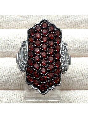 Garnet & White Zircon Sterling Silver Ring Size 8 Signed HT